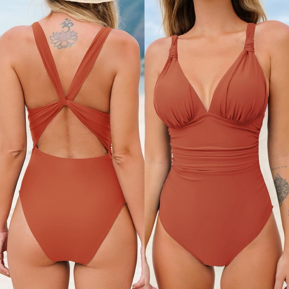 One Piece Swimsuit Deep V Neck Tummy Control Ruched V Back Classic Bathi…